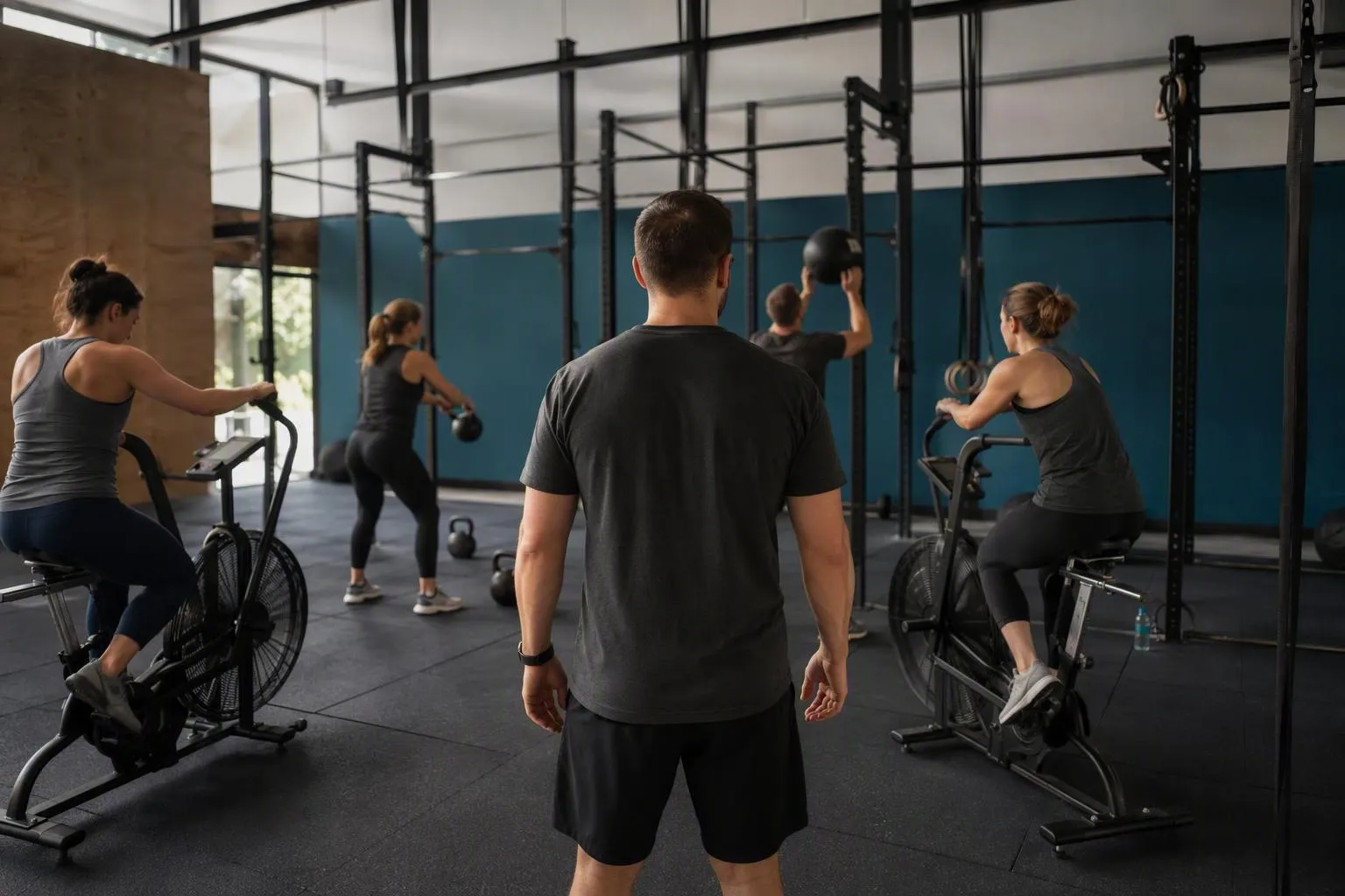 Cours de CrossFit en salle, coach entouré d’athlètes s’entraînant.