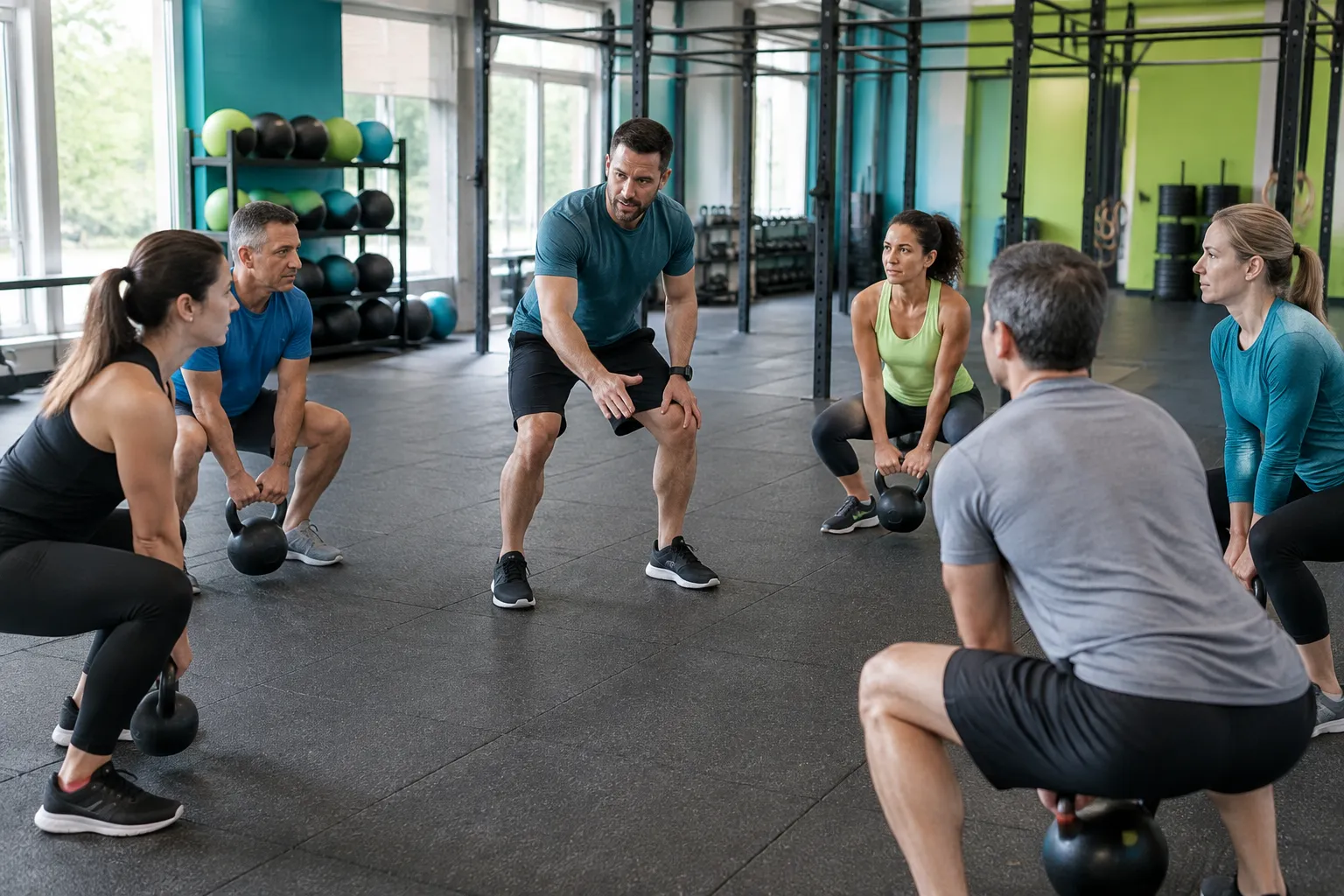 Cours collectif de kettlebell dans une salle de sport lumineuse