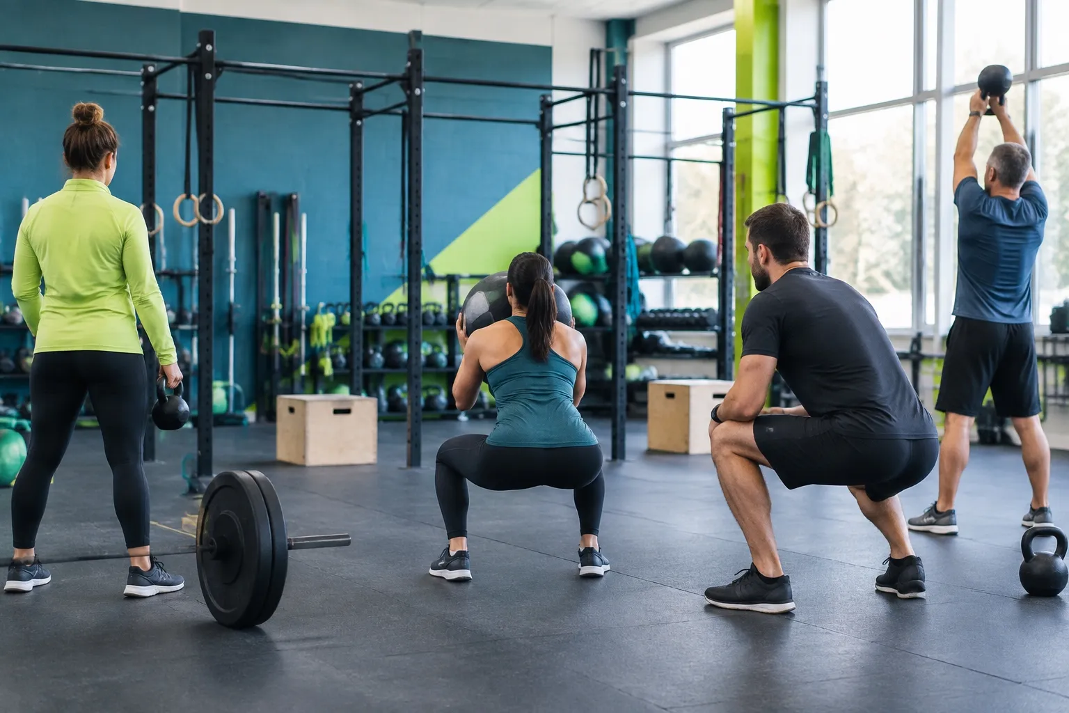 Salle de CrossFit, quatre sportifs s’entraînant avec kettlebells et médecine-ball