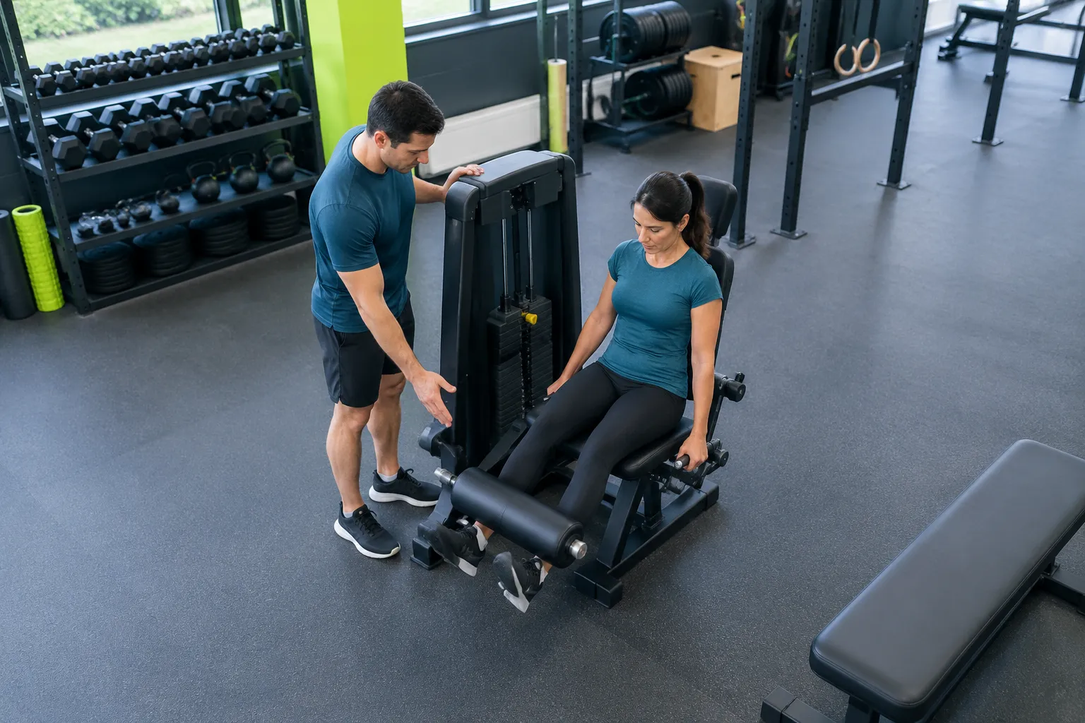 Coach aidant une femme sur une machine d’extension des jambes
