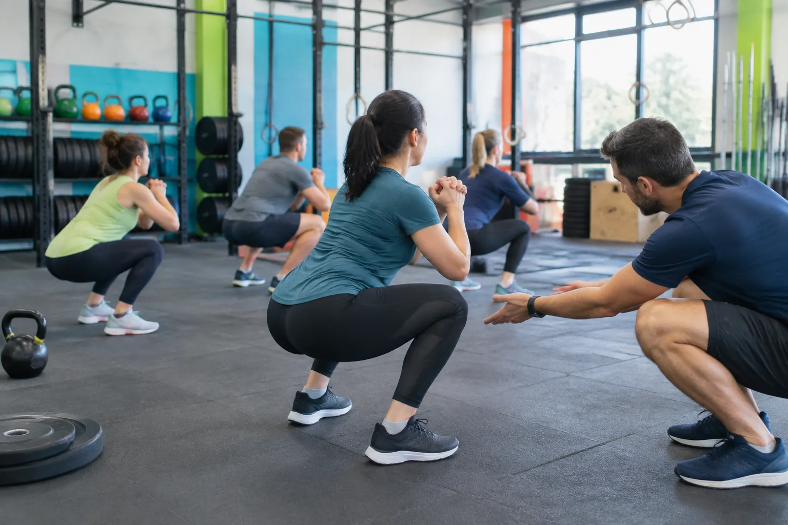 Cours collectif de squats dans une salle de sport équipée
