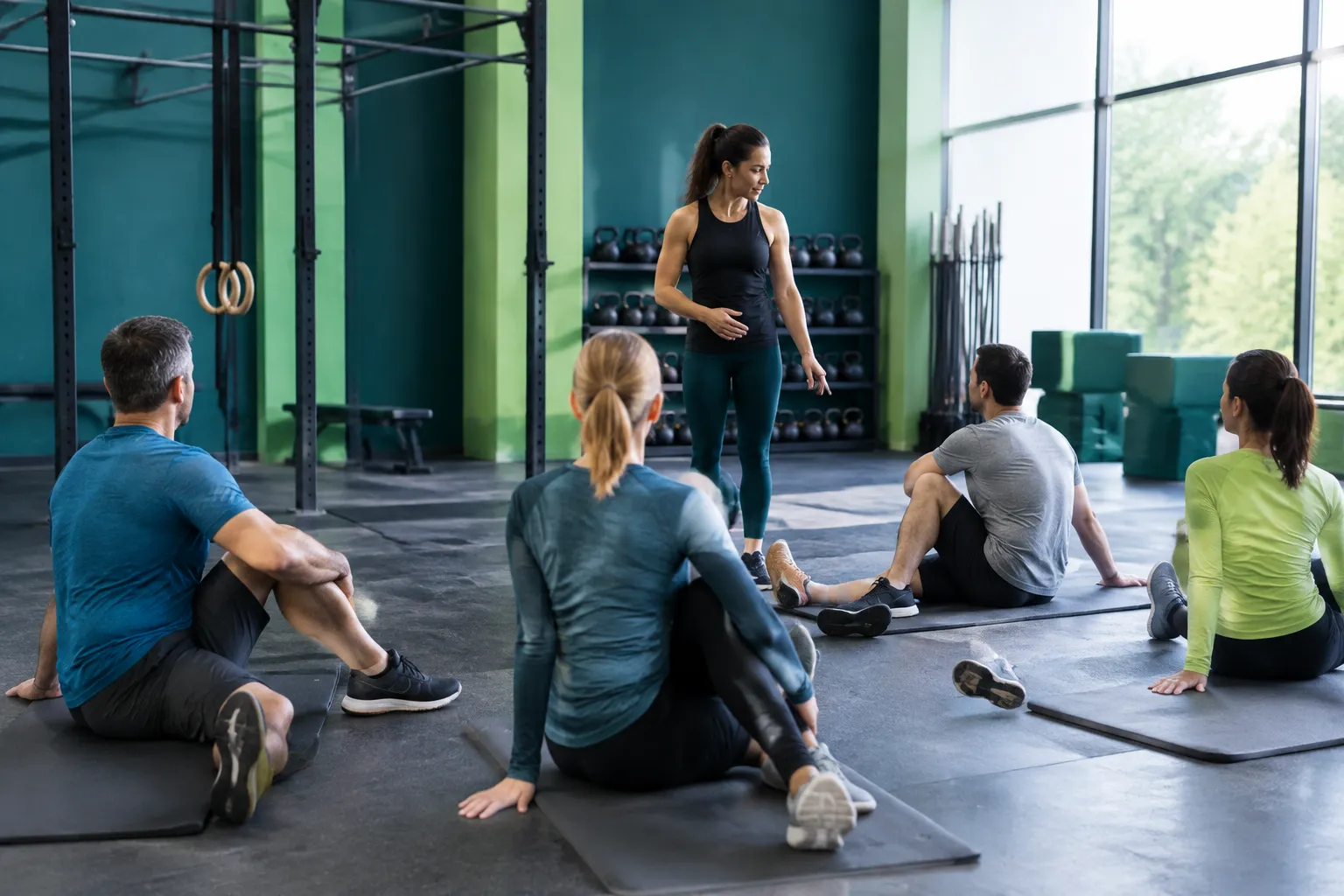 Coach dirige un groupe pendant des étirements dans une salle de sport