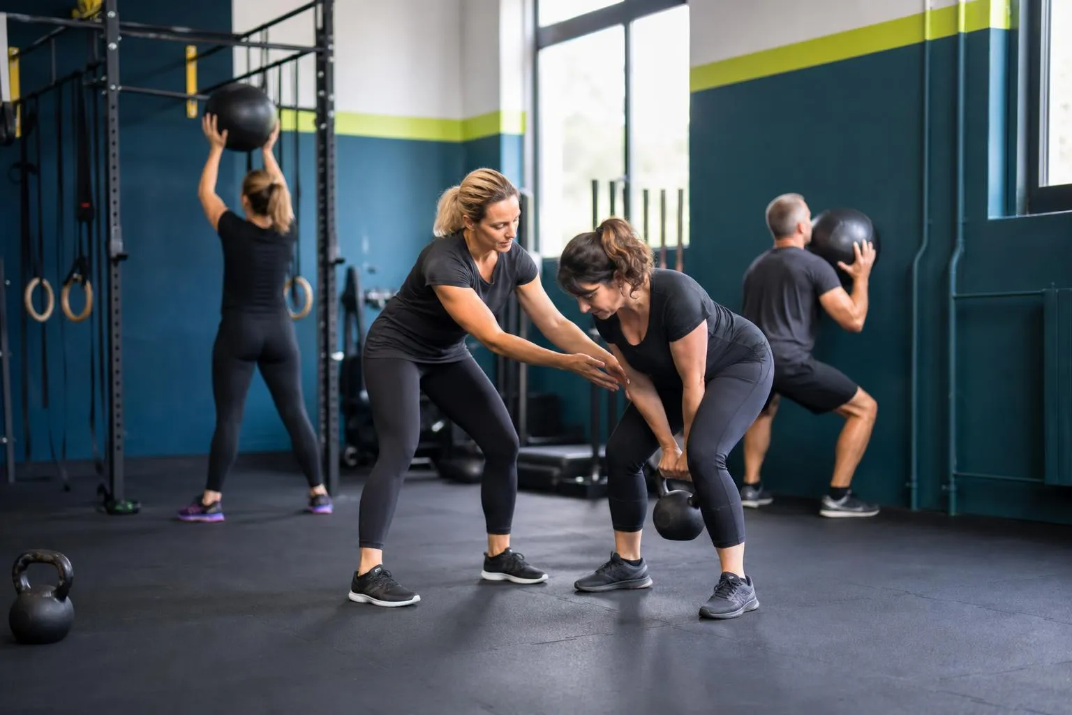 Cours de fitness en salle avec exercices de kettlebell encadrés