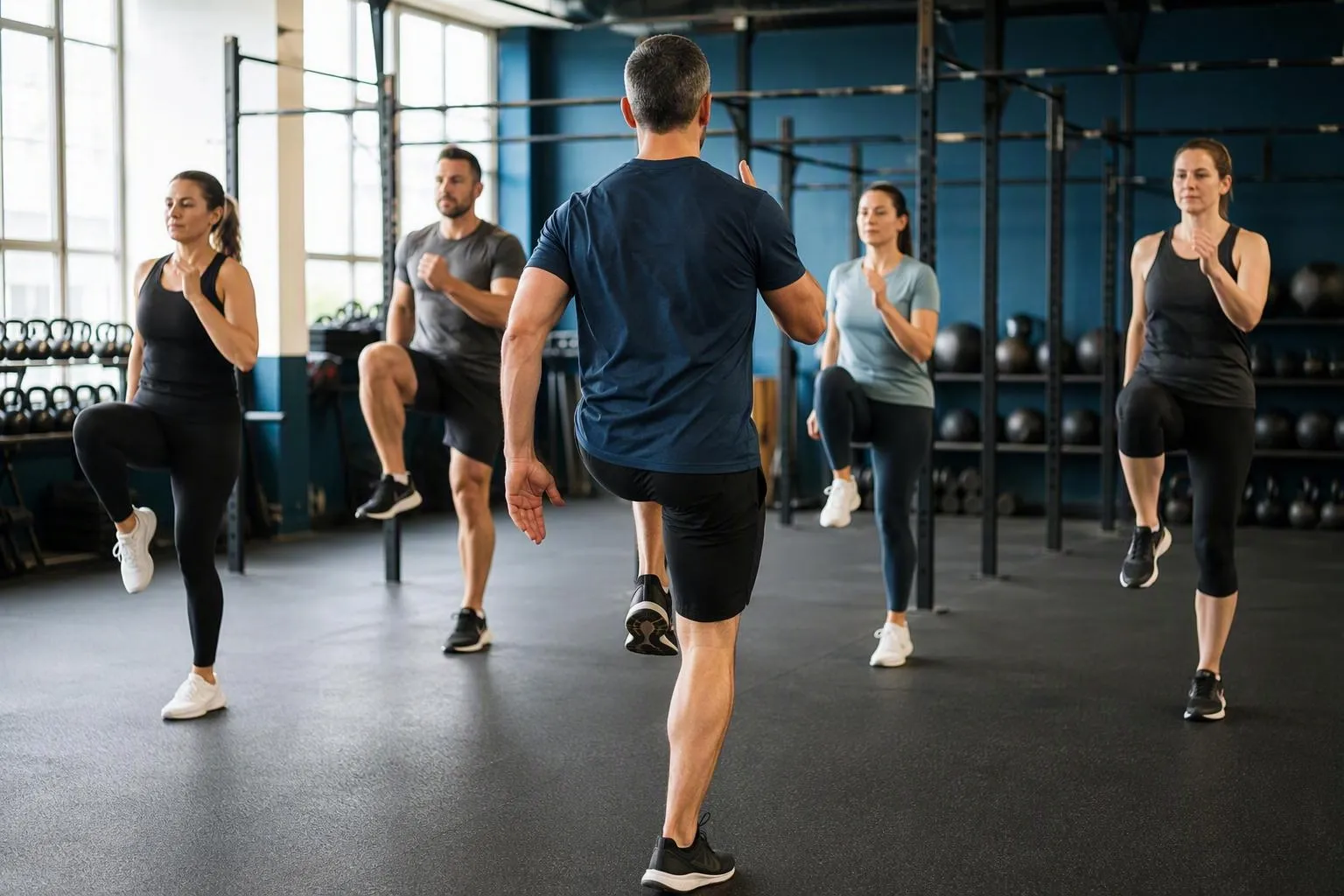Cours de fitness en salle, groupe levant les genoux.