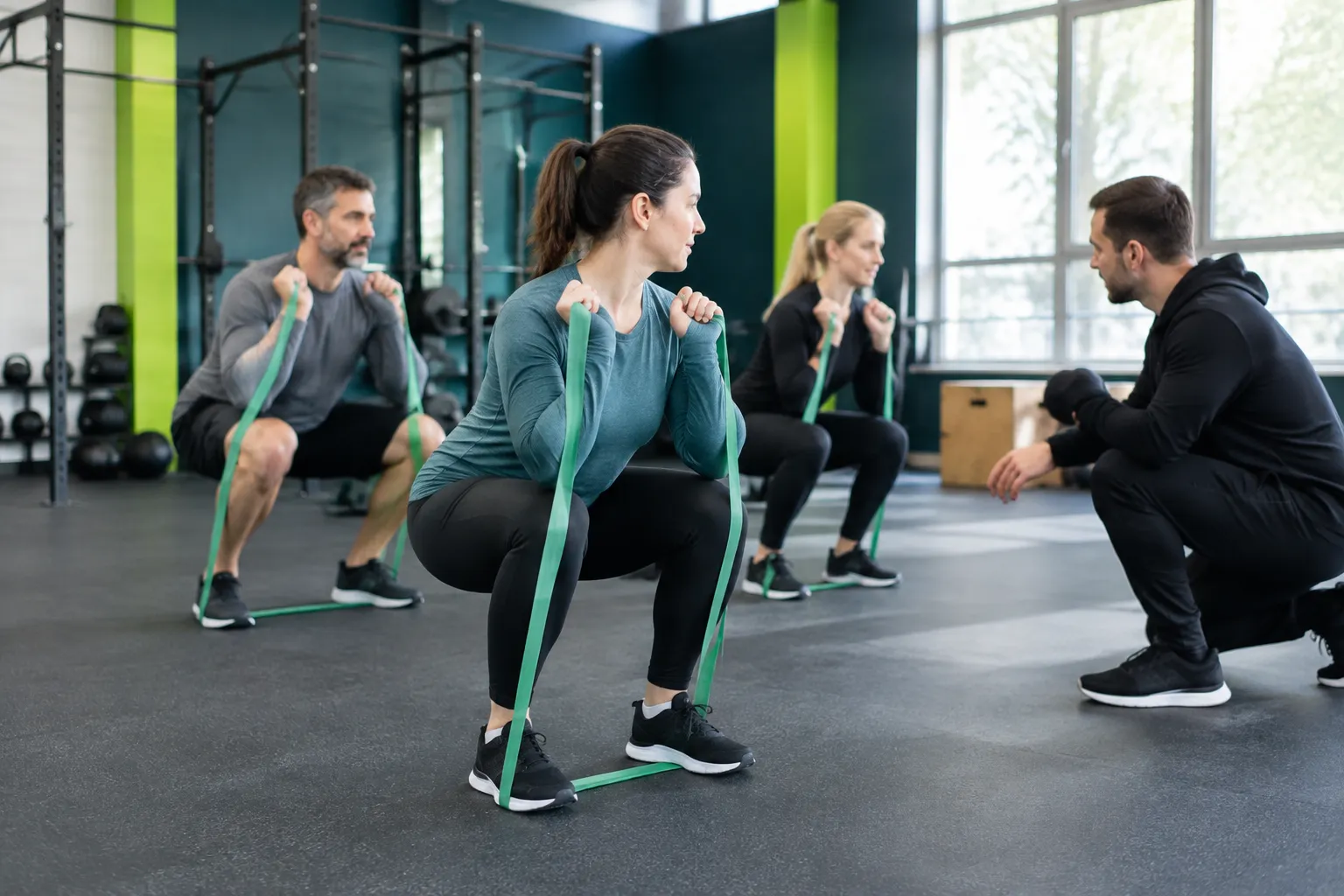Cours de fitness avec squats élastiques et coach sportif