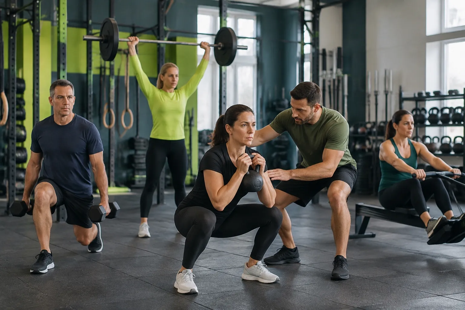 Cours de fitness avec squats, haltères, kettlebell et rameur
