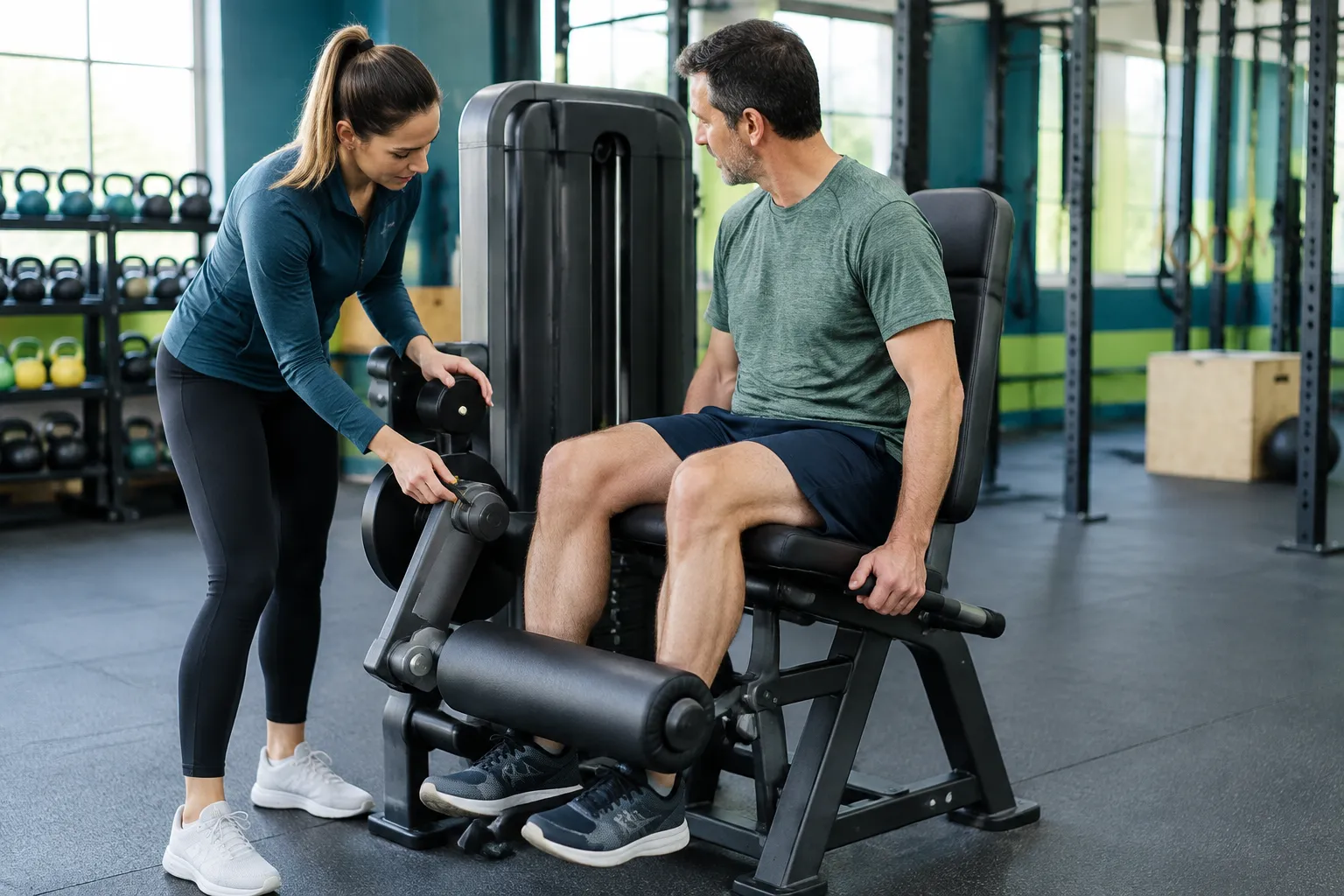 Coach aidant un homme à utiliser une machine d’extension des jambes