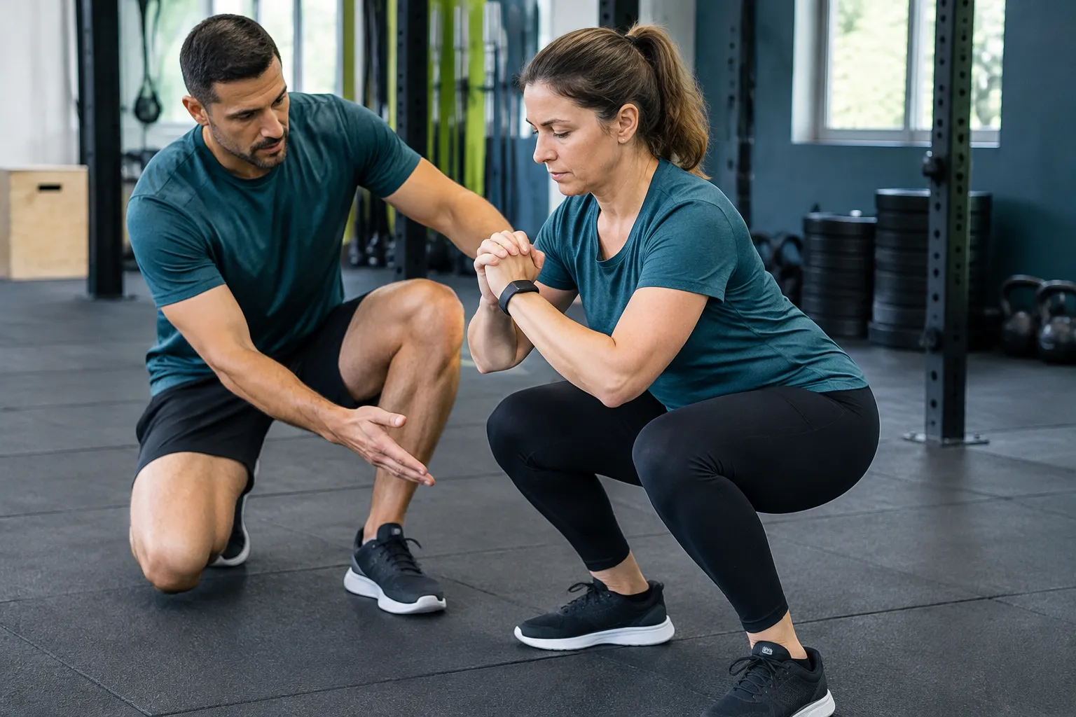 Coach corrigeant la posture d’une femme en squat dans une salle de sport