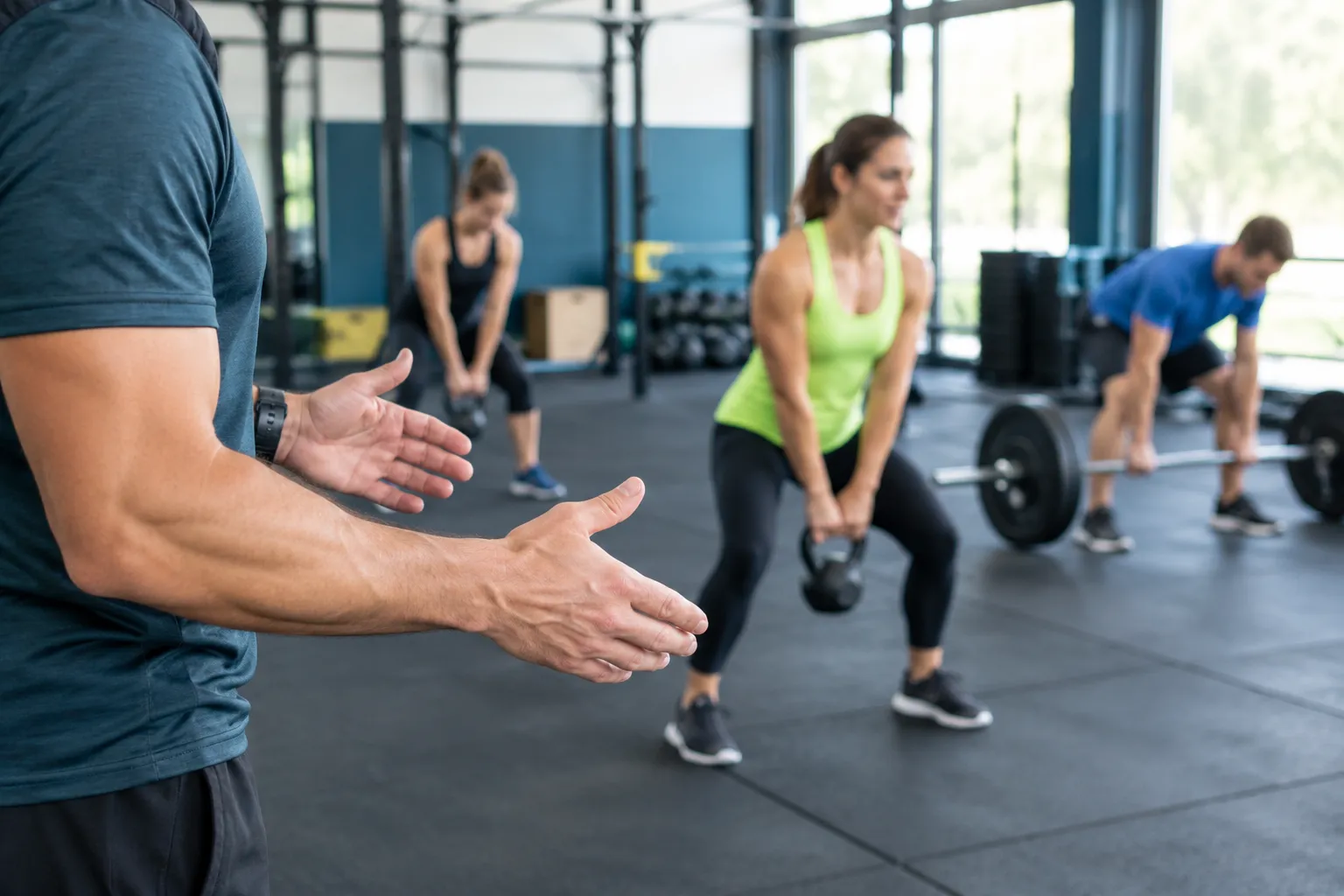 Coach dirige un entraînement de kettlebell dans une salle de sport