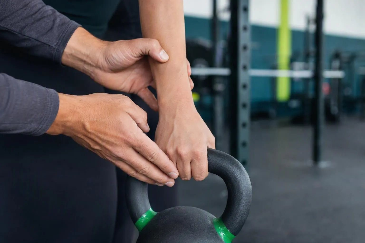 Personne tenant son poignet près d’un kettlebell en salle de sport