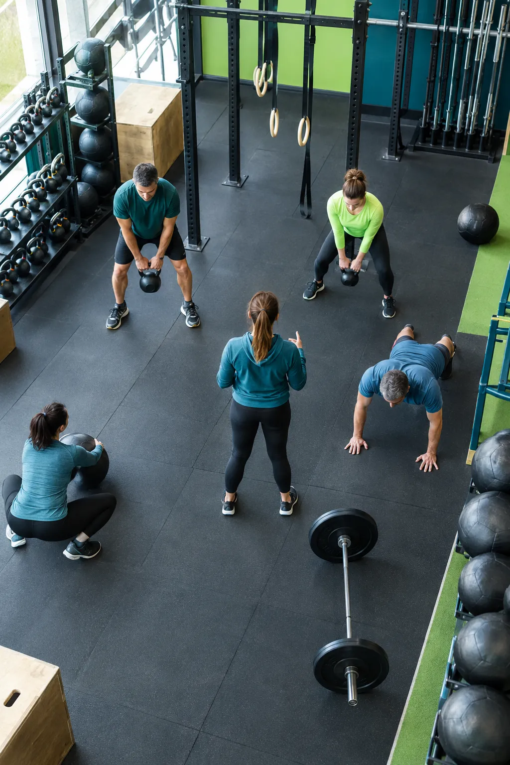 Cours de cross-training avec haltères, kettlebells et cordes.
