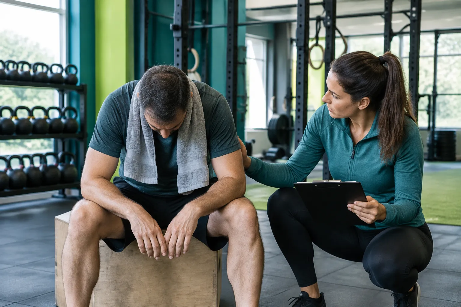 Entraîneuse soutenant un homme fatigué dans une salle de sport
