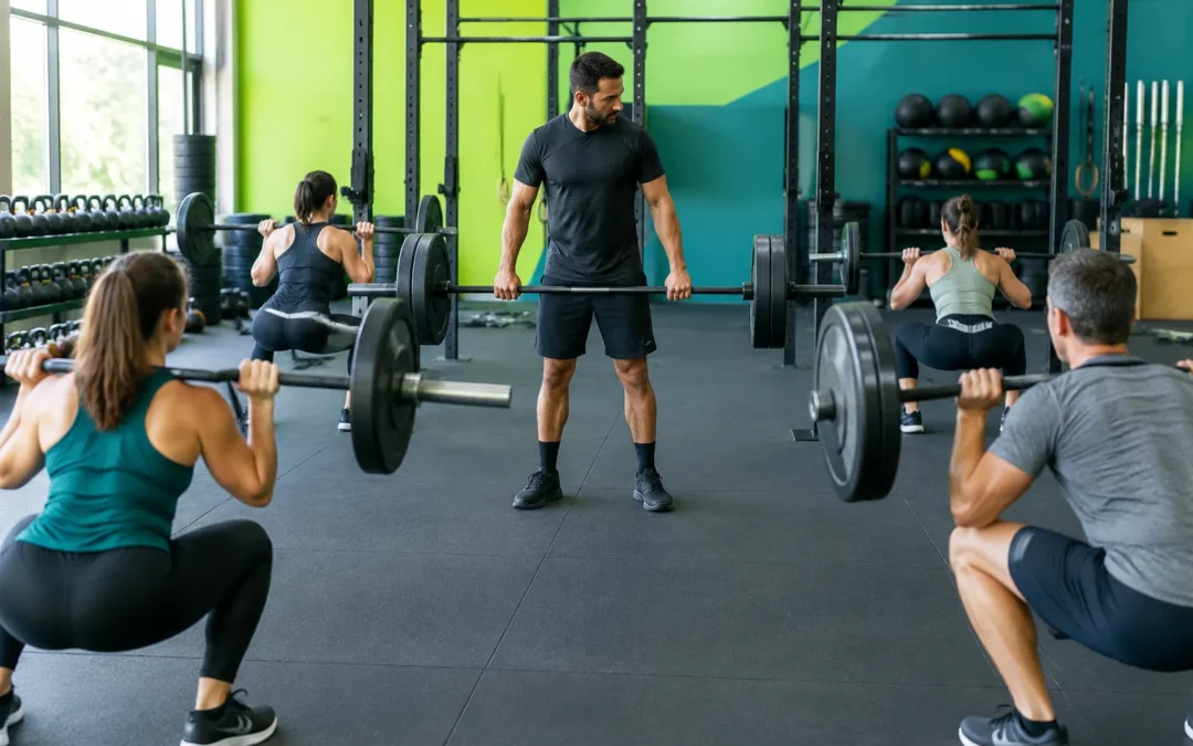 Coach CrossFit guidant des adultes de 35 à 50 ans dans un entraînement intensif.