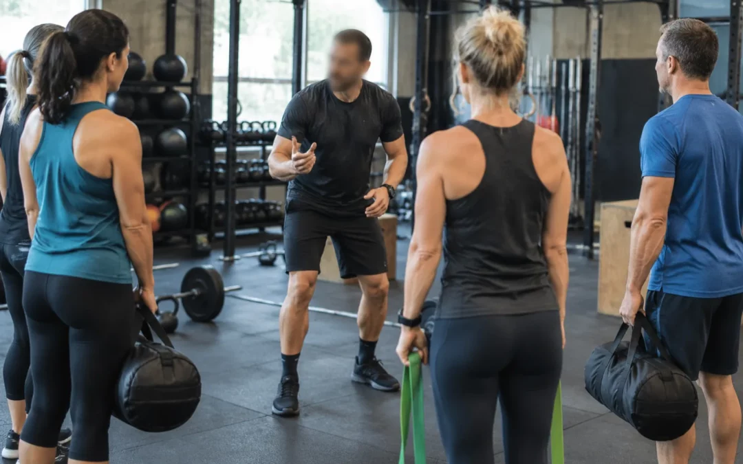 Coach encadrant des coureurs CrossFit dans une salle Lausanne, équipement fonctionnel, ambiance chaleureuse.