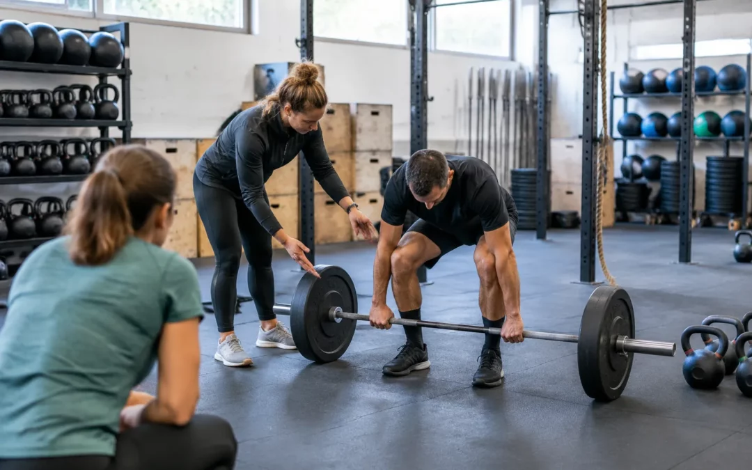 Coach guidant une levée de barre olympique dans une salle CrossFit à Lausanne, éclairage naturel.