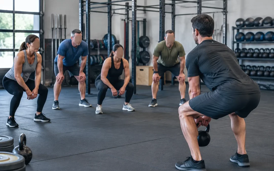 Coach CrossFit guidant des participants 35‑50 ans dans une salle équipée barres et kettlebells.