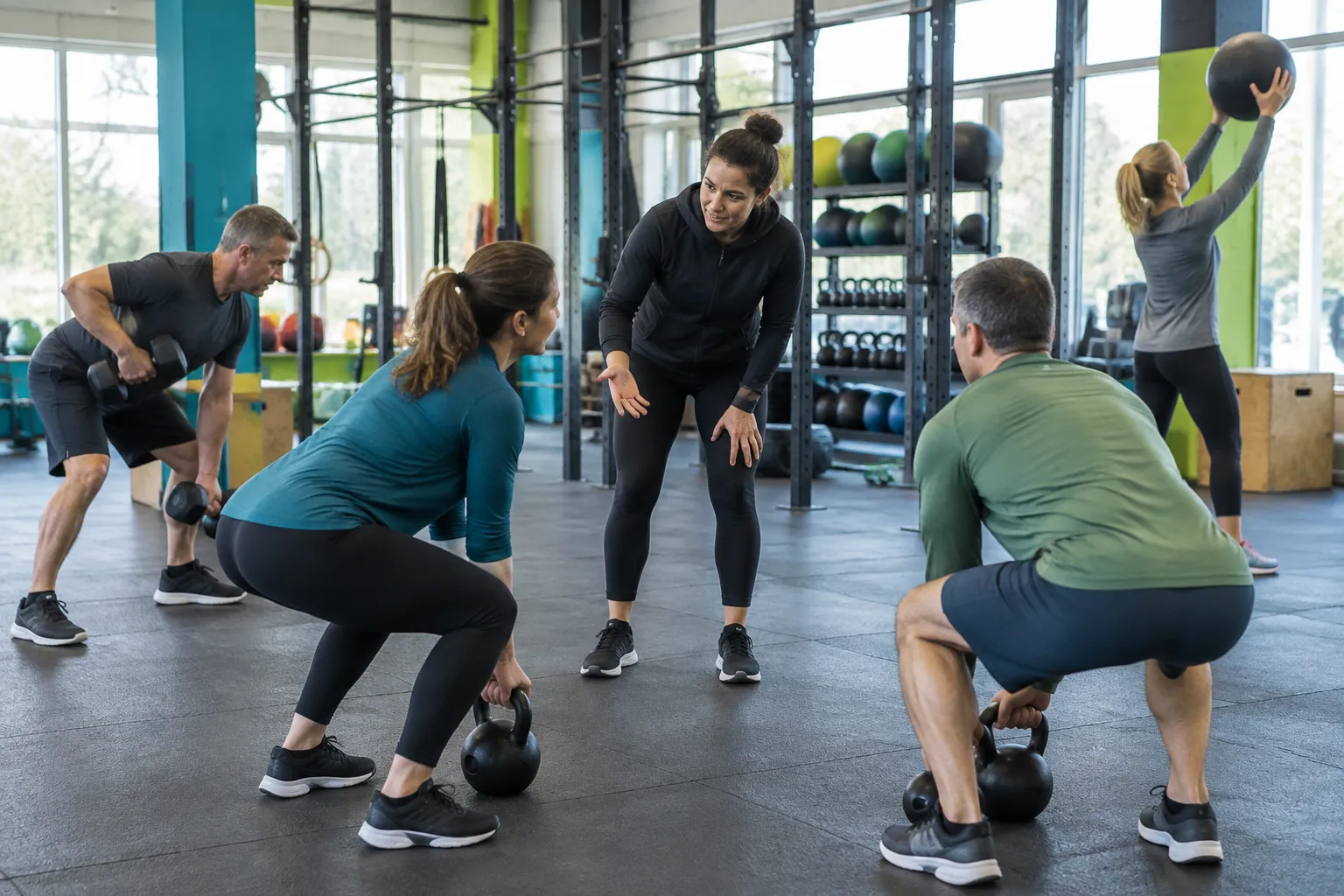 Cours de fitness en groupe avec exercices aux kettlebells.