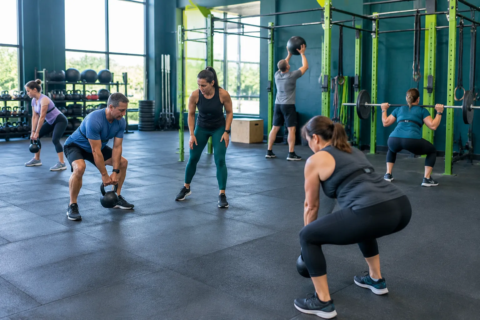Cours de CrossFit avec kettlebells, haltères et squats.