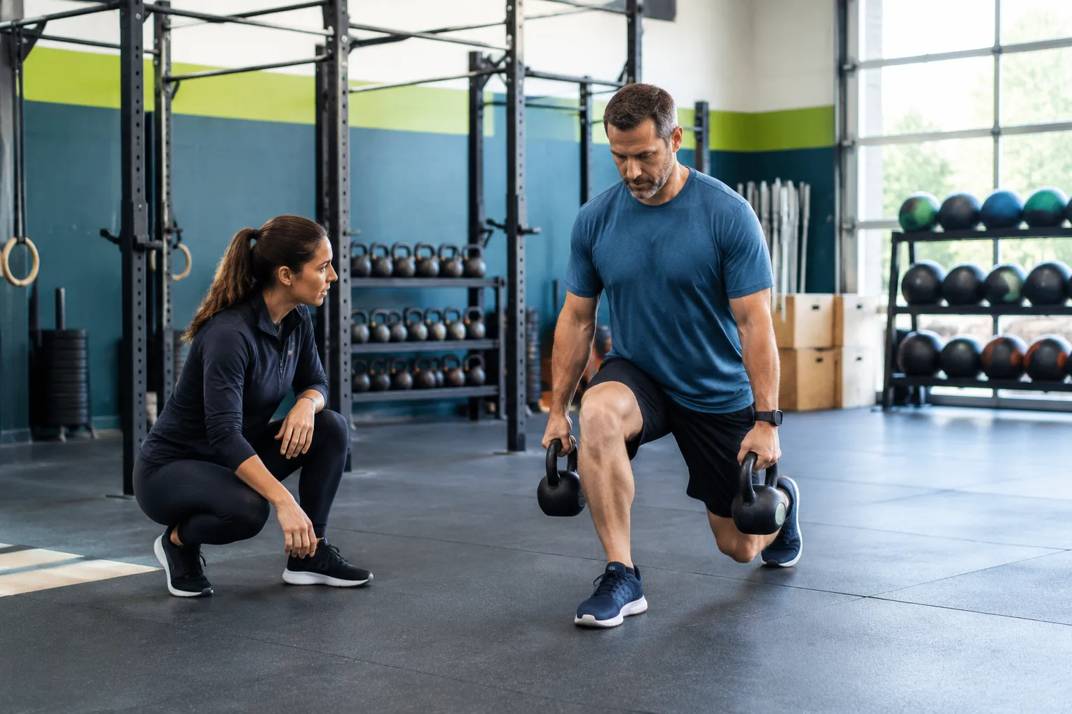 Coach observant un homme faisant des fentes avec kettlebells en salle de sport