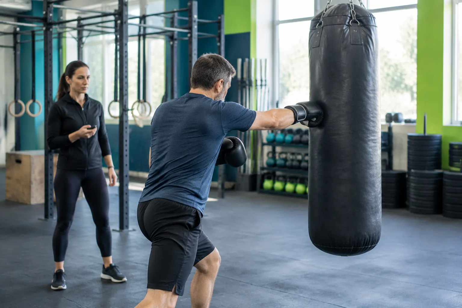 Homme boxant un sac de frappe dans une salle de sport