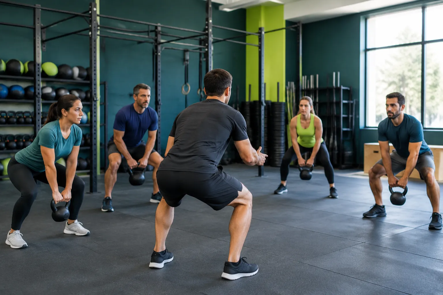 Cours de kettlebell en groupe dans une salle de sport lumineuse