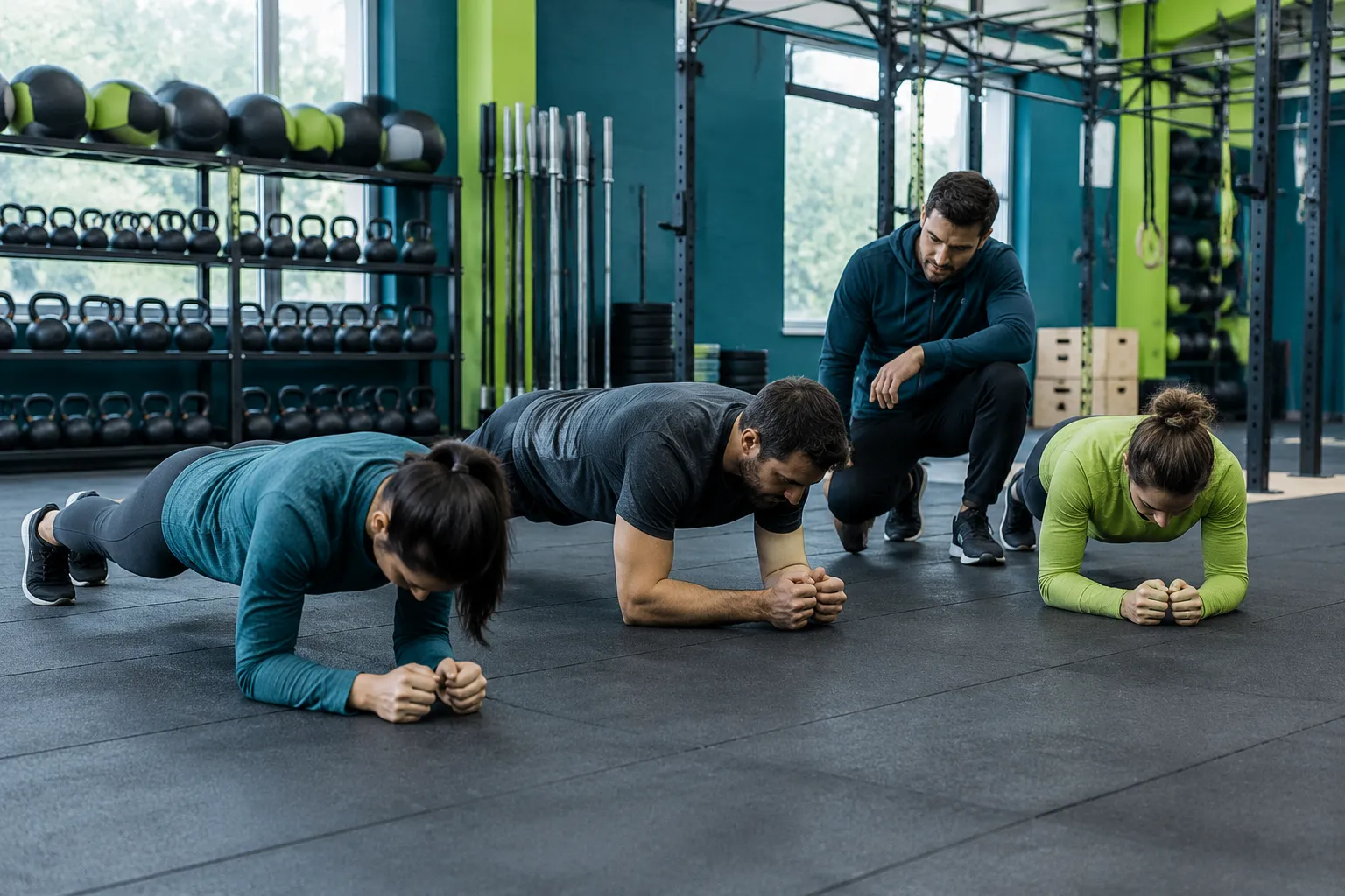 Groupe s’entraînant en gainage dans une salle de sport