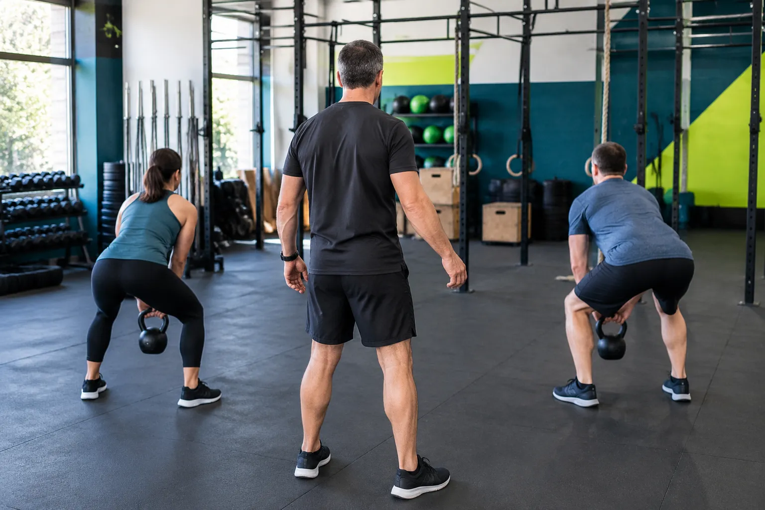 Salle de sport, coach supervisant deux personnes avec kettlebells