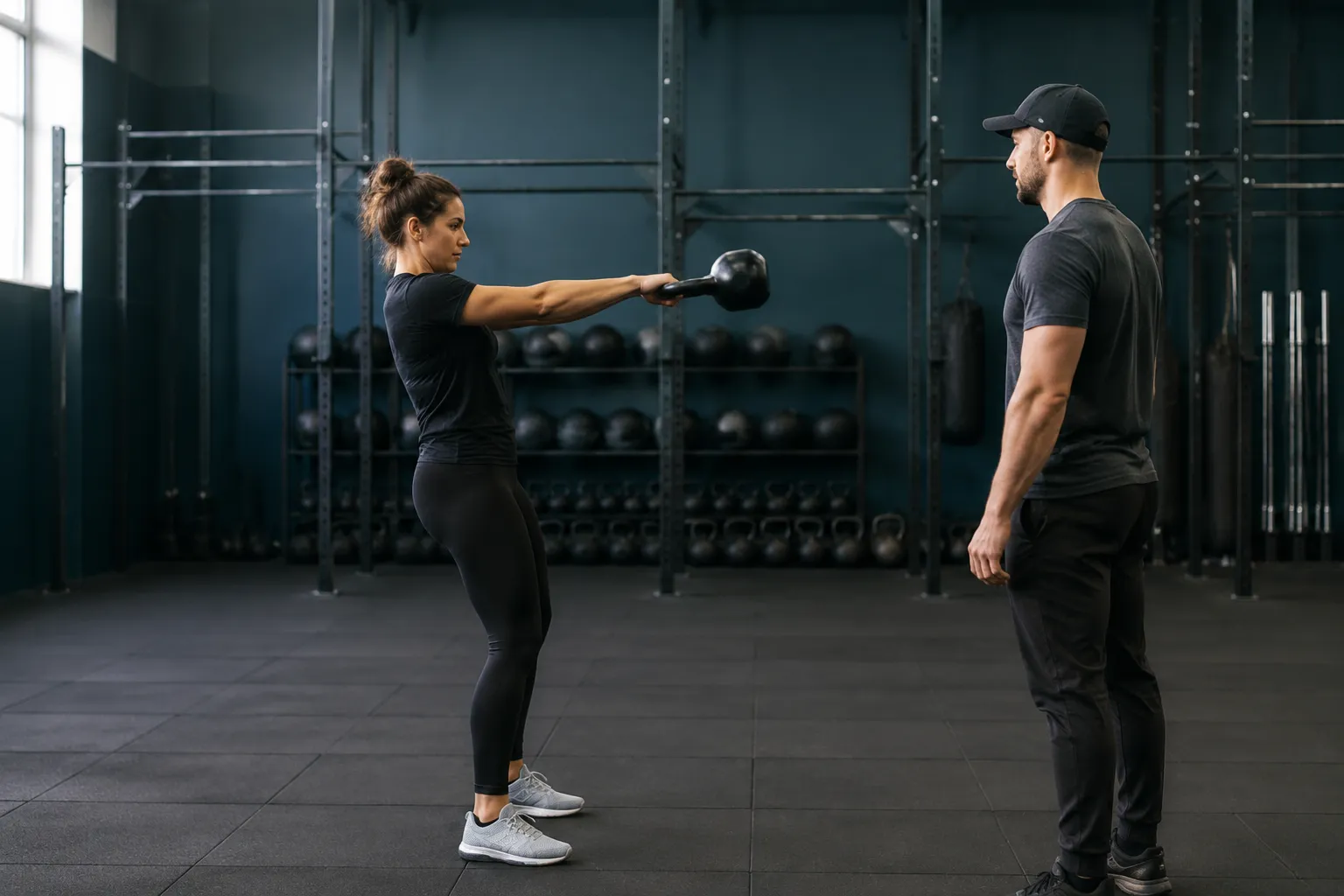 Femme réalisant un swing de kettlebell dans une salle de sport