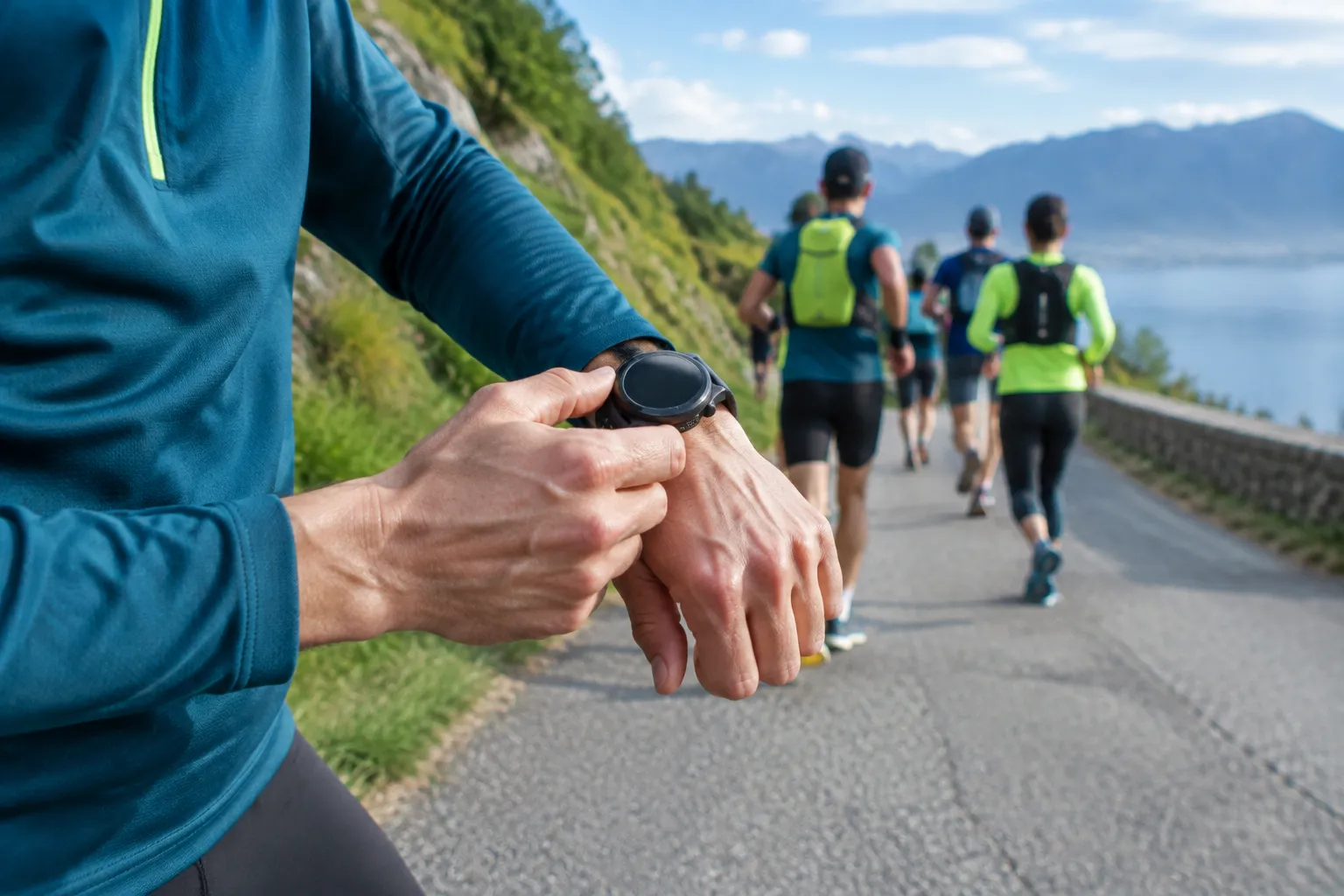 Coureur consultant sa montre face à un groupe de joggeurs alpins
