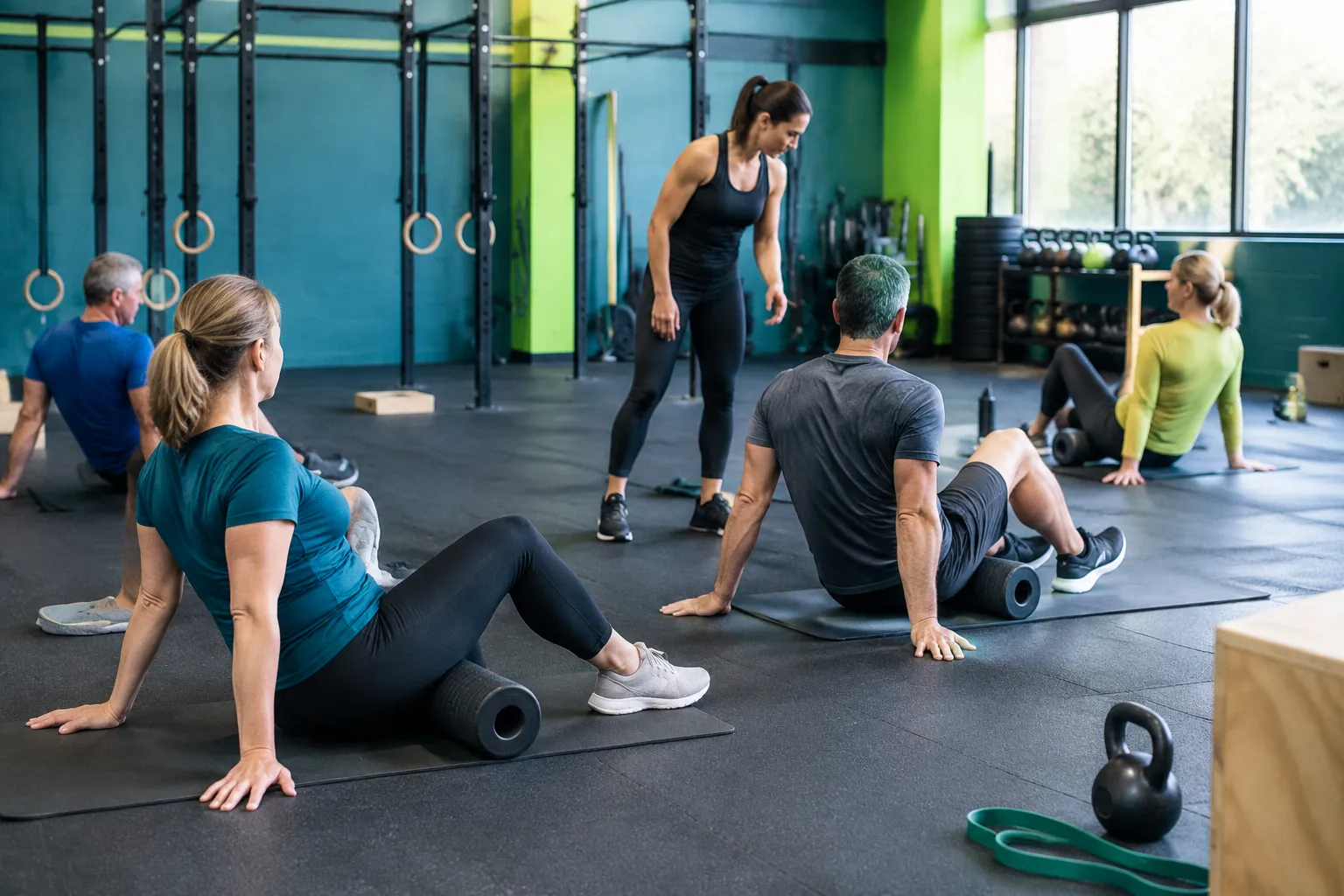 Cours de fitness collectif avec rouleaux de massage en salle.